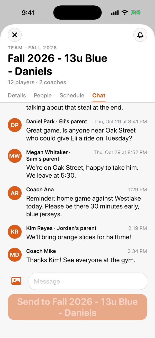 13u Blue's Team chat in the iPhone app