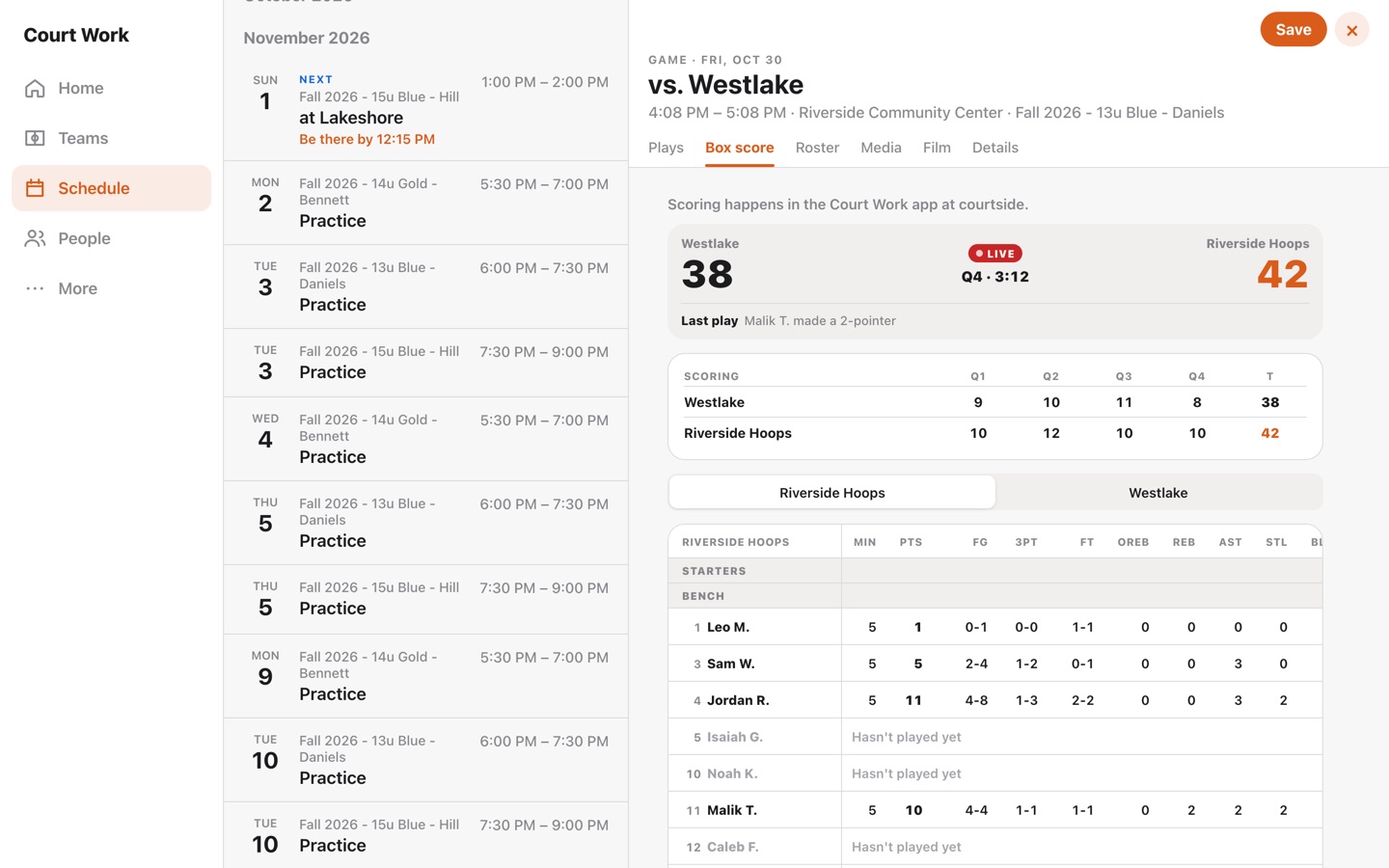 A live Game's box score on the web: points by quarter and every Player's stats