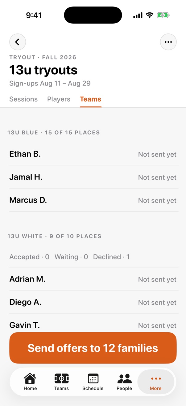 Tryouts in the iPhone app: Players placed on Teams