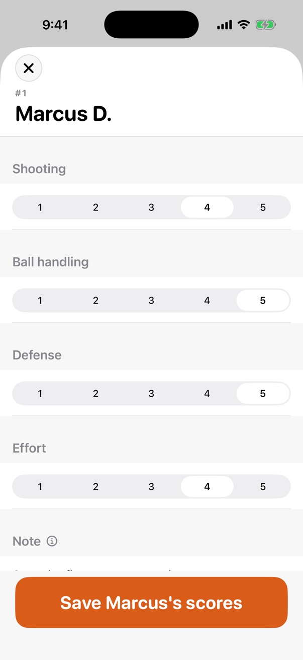 A Coach scoring a Player at tryouts in the iPhone app: shooting, ball handling, defense and effort, each from 1 to 5