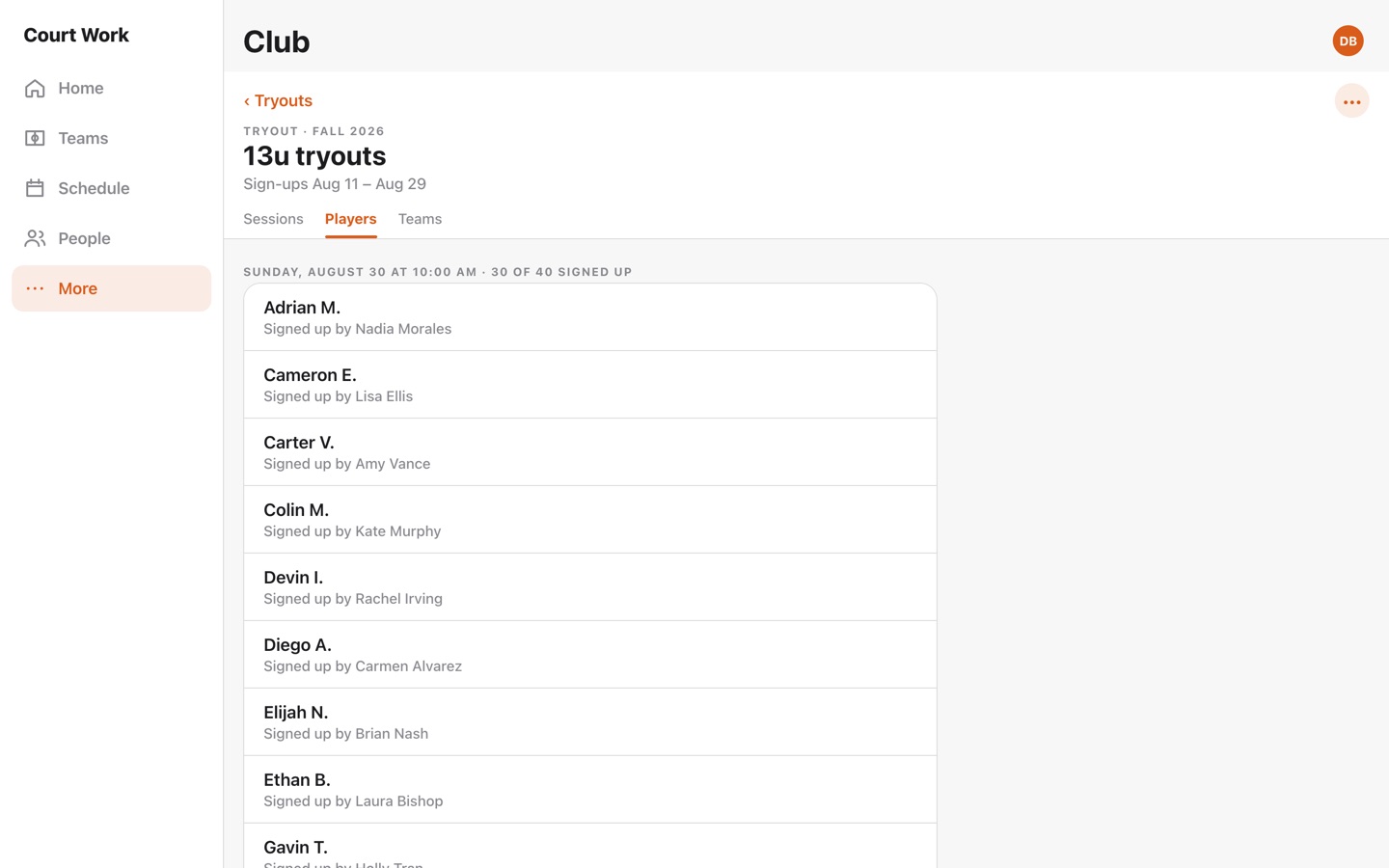 A tryout's sign-ups on the web: 30 of 40 places taken, each Player with the Parent who signed them up